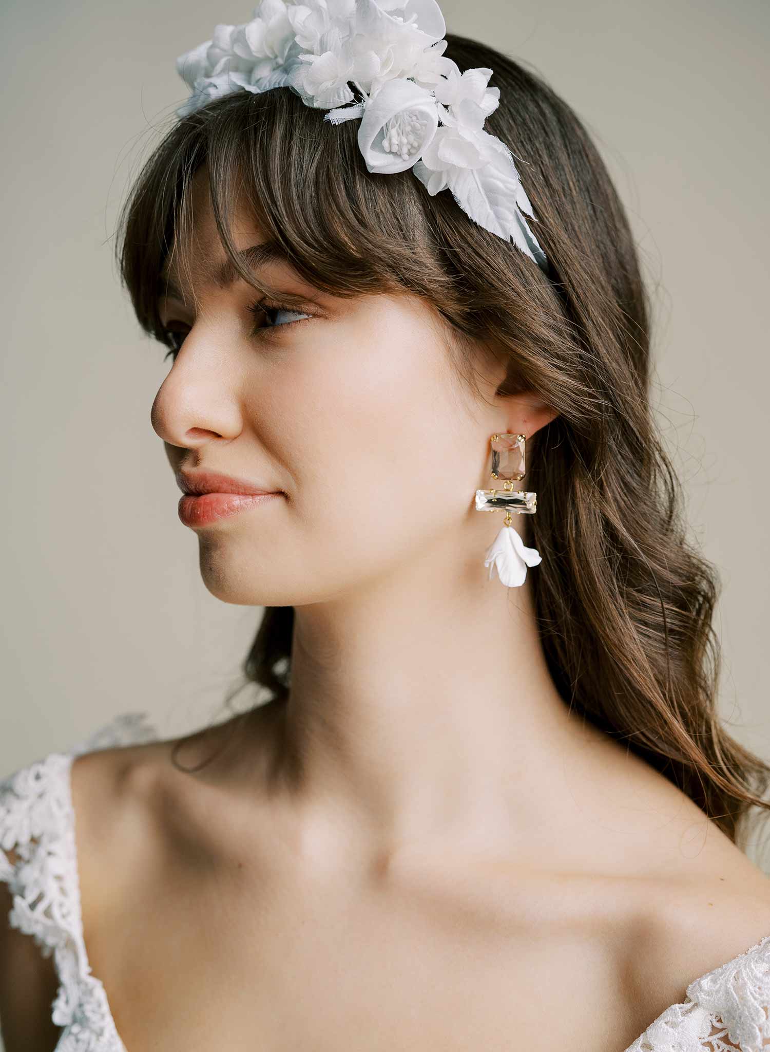 Baguette crystal and flower earrings, short - Style #2567