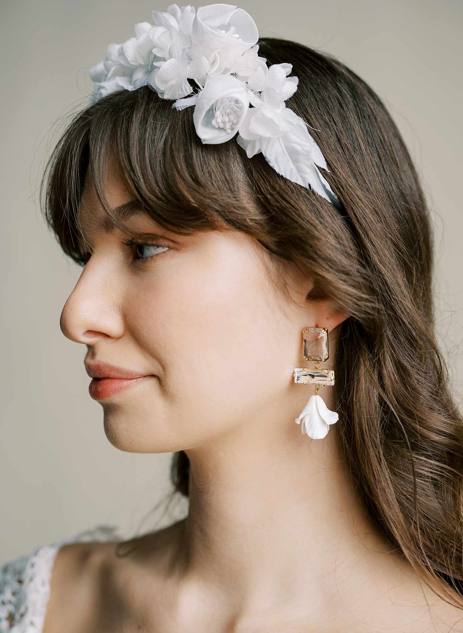 Baguette crystal and flower earrings, short - Style #2567