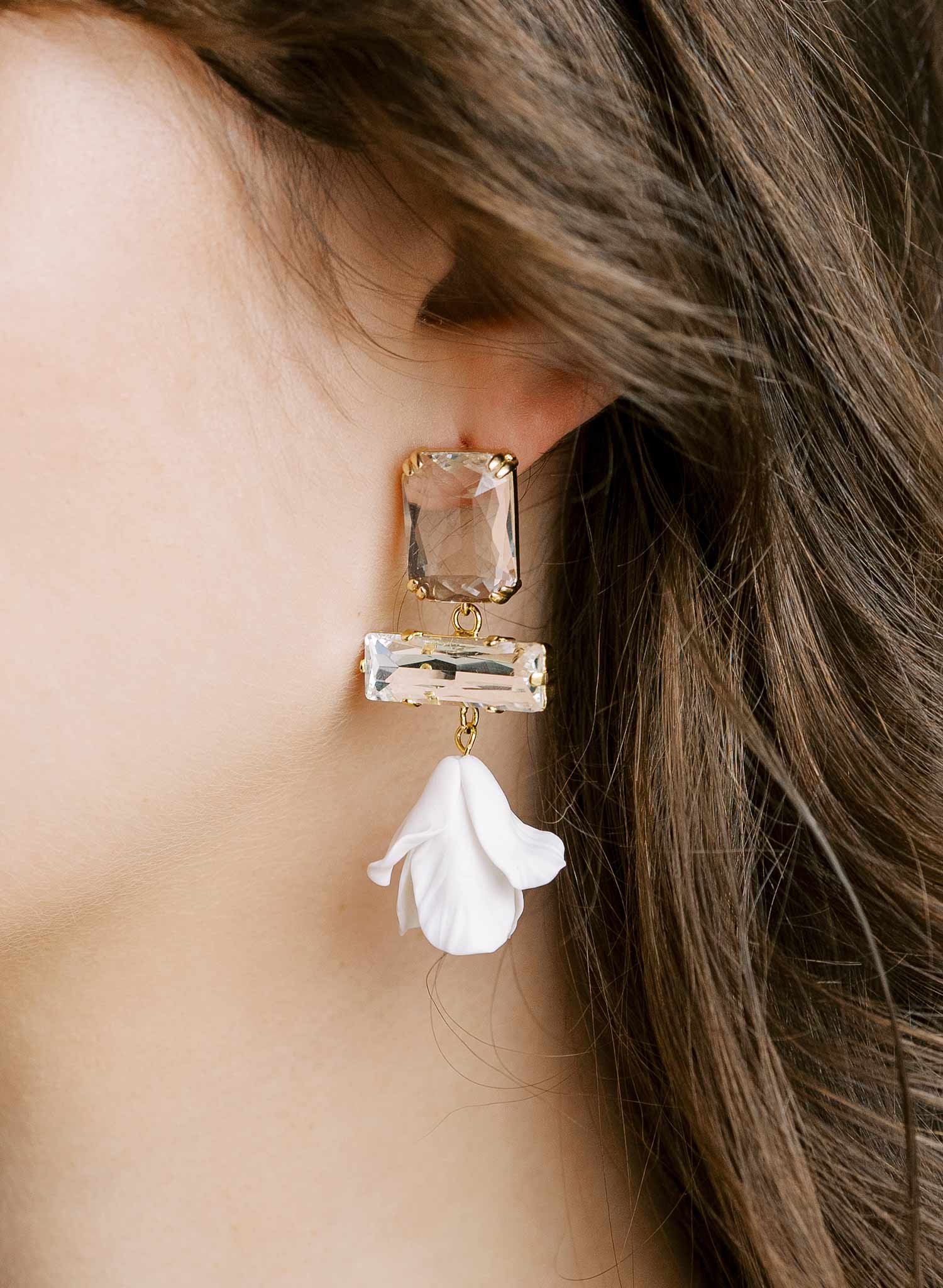 Baguette crystal and flower earrings, short - Style #2567