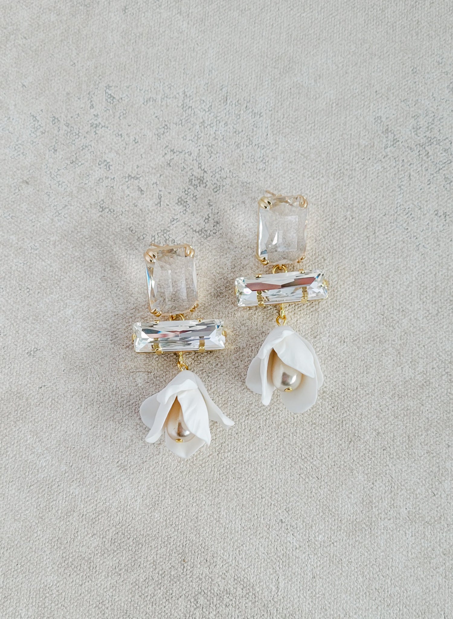 Baguette crystal and flower earrings, short - Style #2567