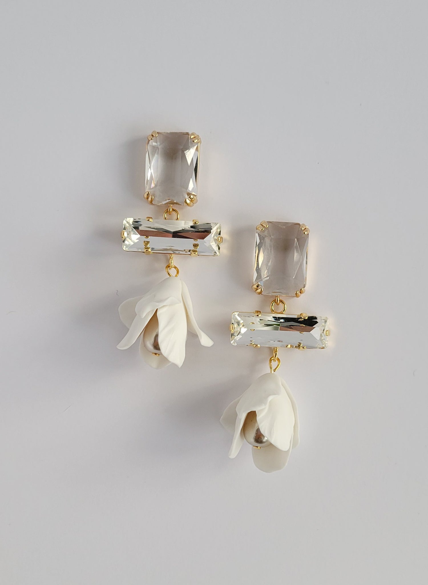 Baguette crystal and flower earrings, short - Style #2567