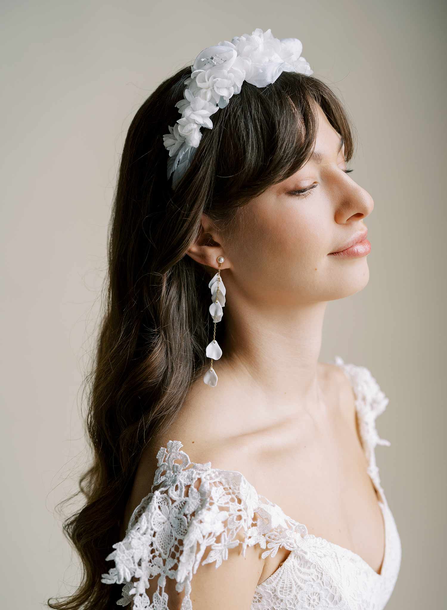 Long, dangling chains bridal earrings with floral sculpted petals by Twigs and Honey