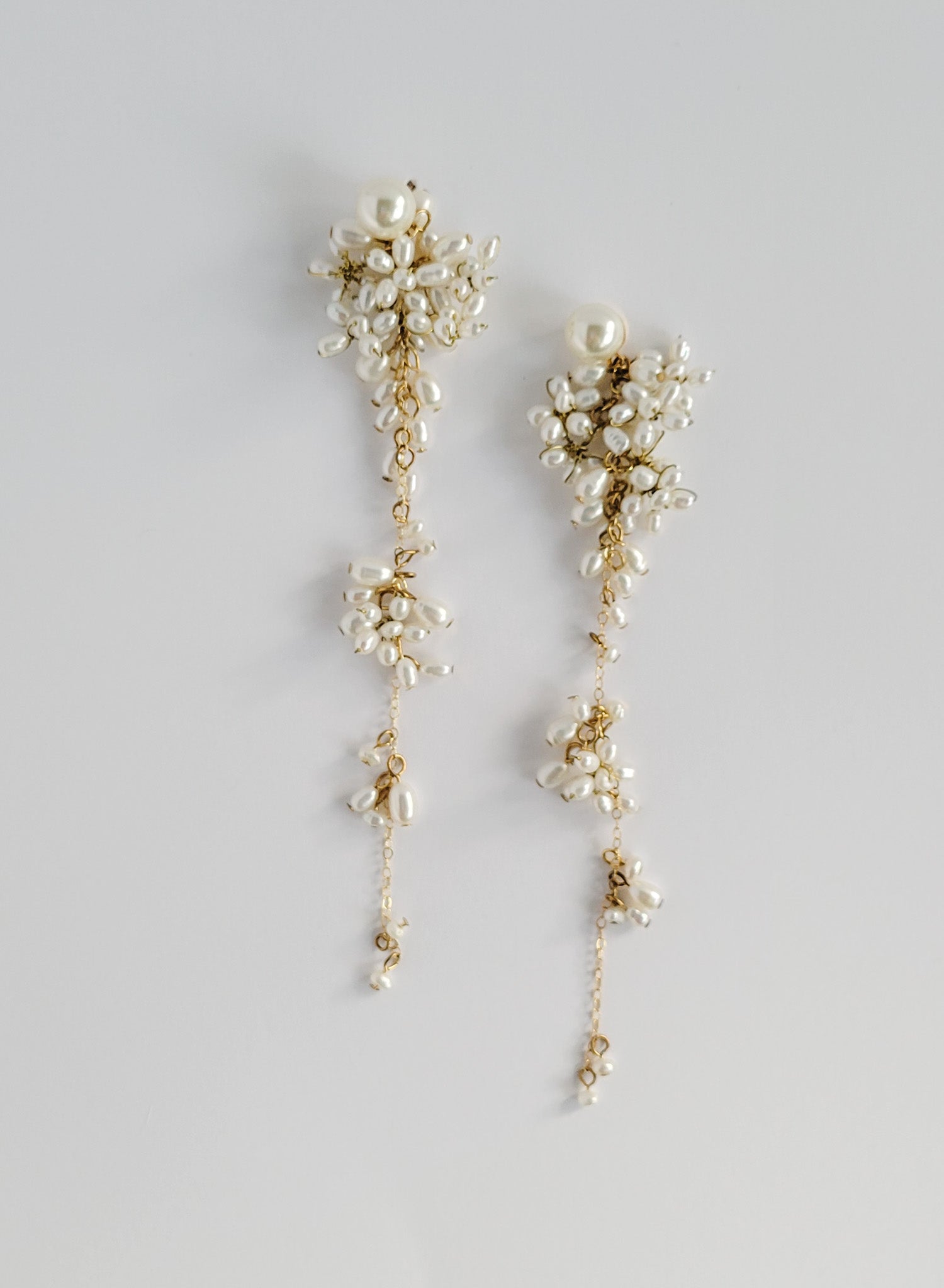 Tiny freshwater pearl cluster drop earrings, post back. By Twigs and Honey