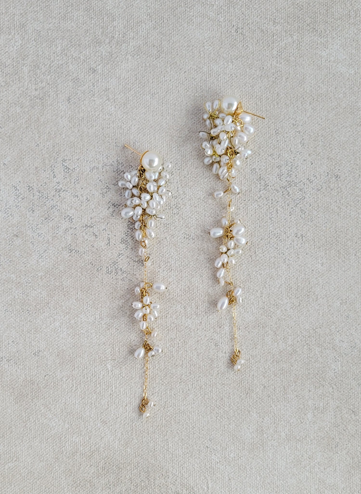 Tiny freshwater pearl cluster drop earrings, post back. By Twigs and Honey