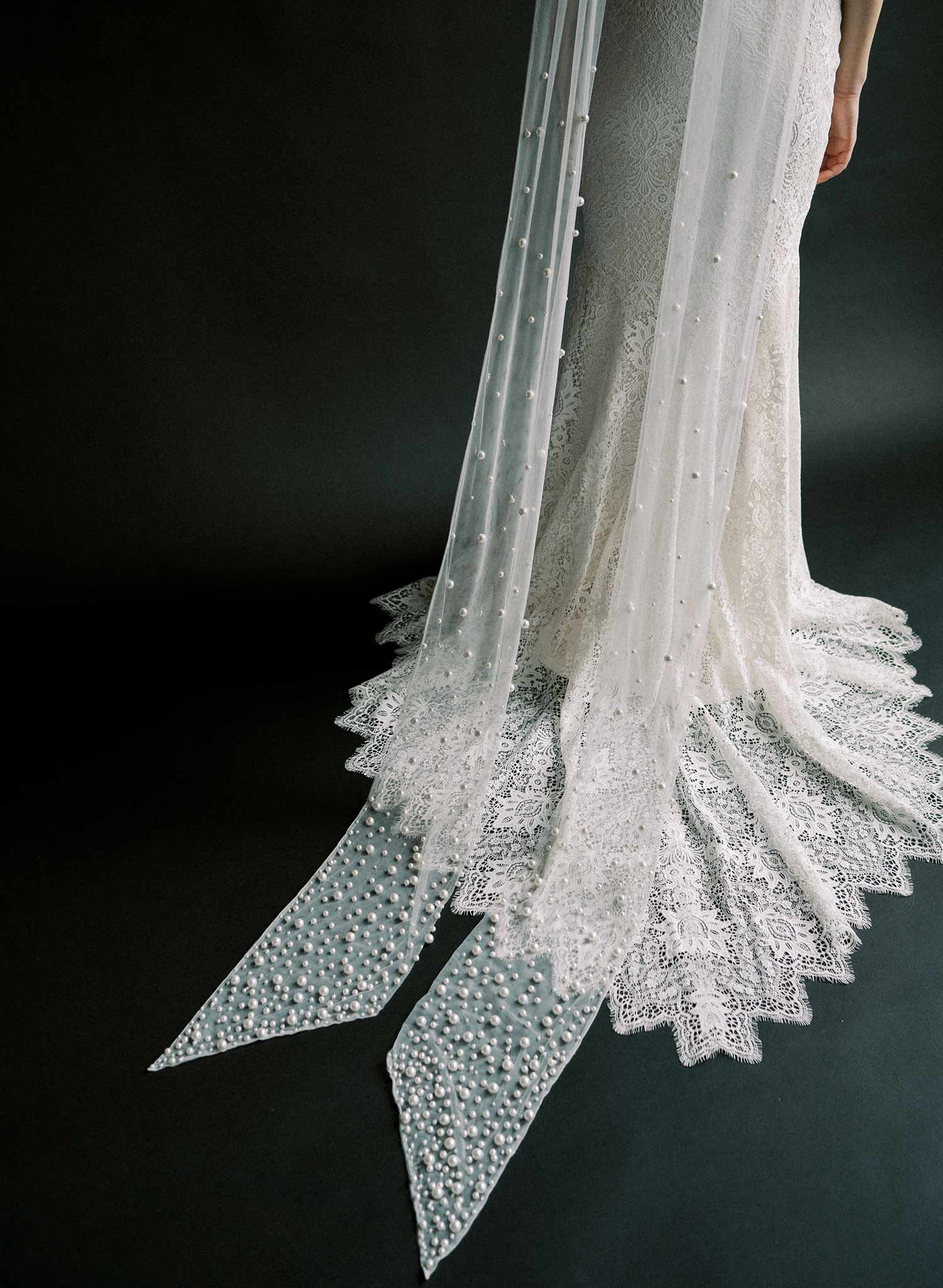 Embroidered bridal tulle scarf with scattered pearl beads. Wedding scarf, shawl.