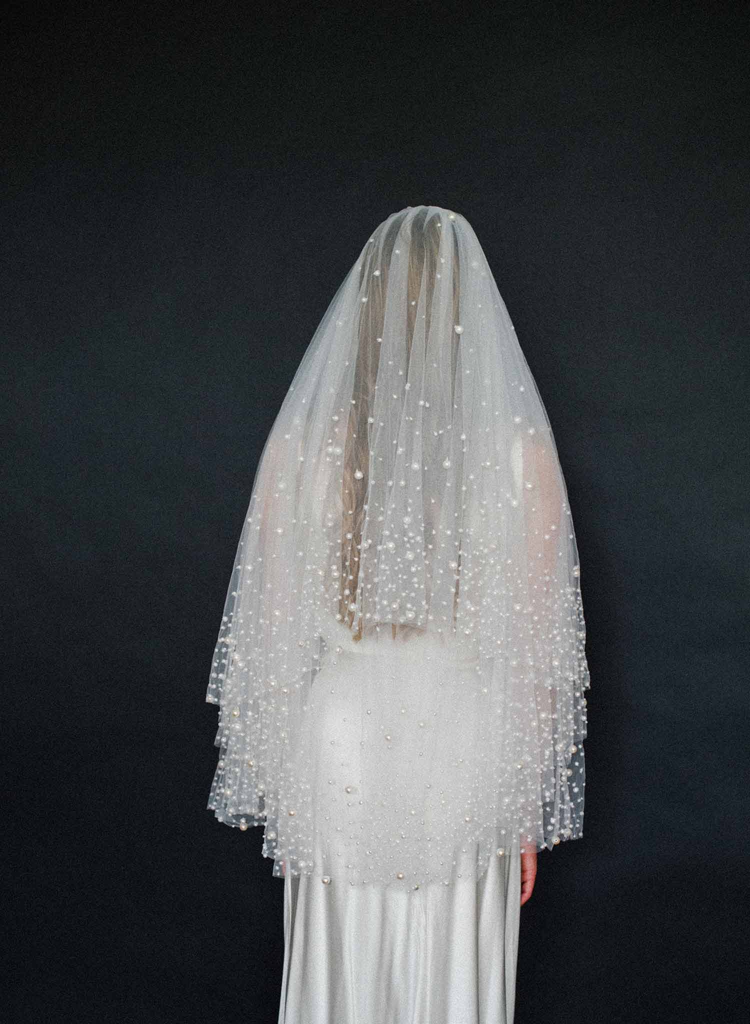 New tulle! shiny golden pearl bridal veil 2024 sparkling silver pearl wedding veil special veil chic bridal veil single veil blusher veil