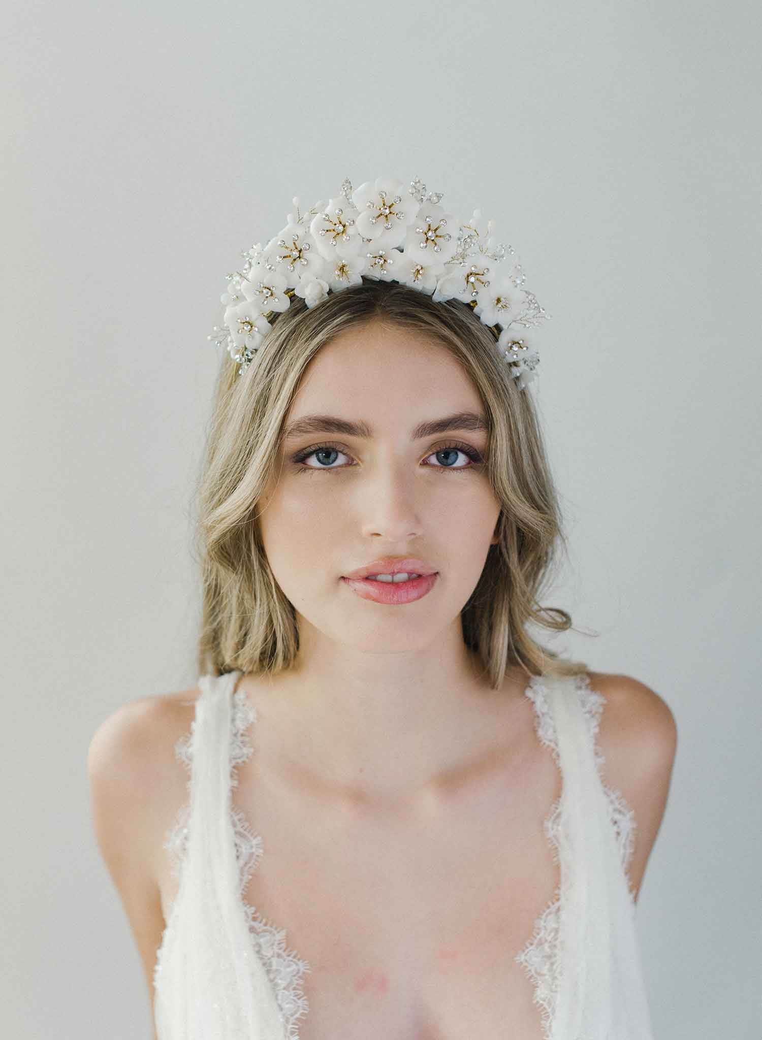 bridal crown, tiara of flowers, crystals, twigs & honey headband