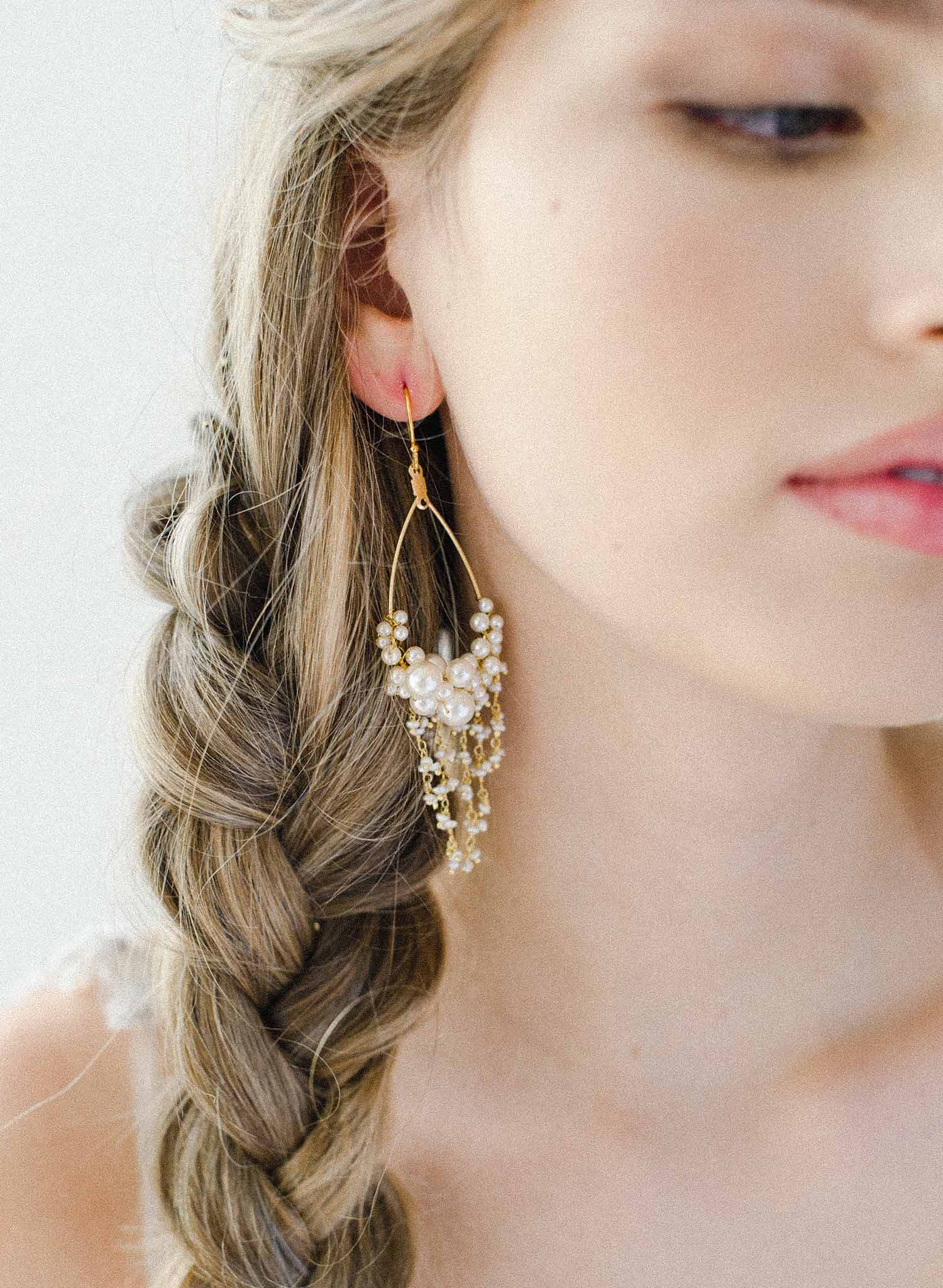 pearl chandelier earrings, gold, handmade, jewelry, twigs and honey