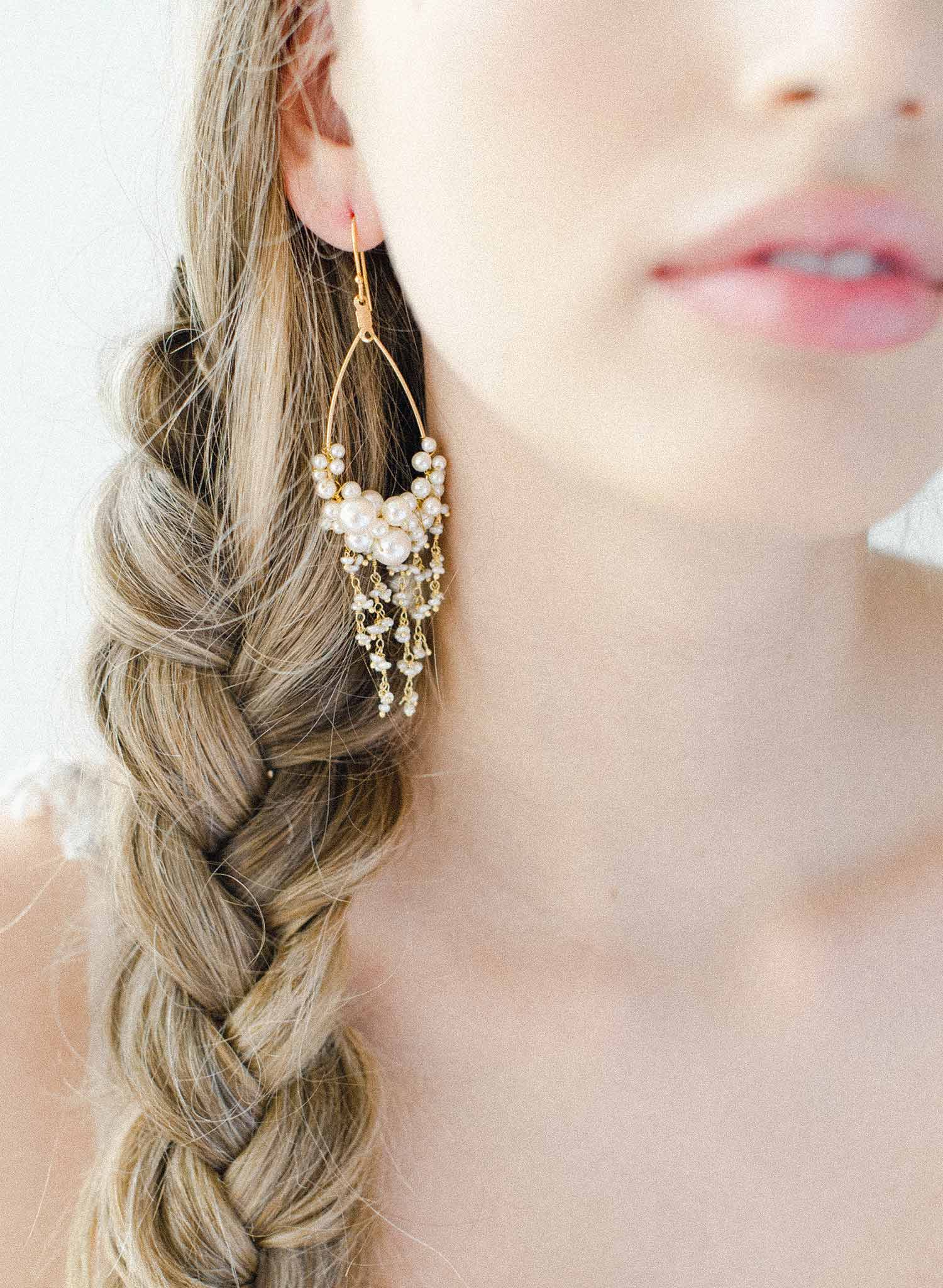 pearl chandelier earrings, gold, handmade, jewelry, twigs and honey