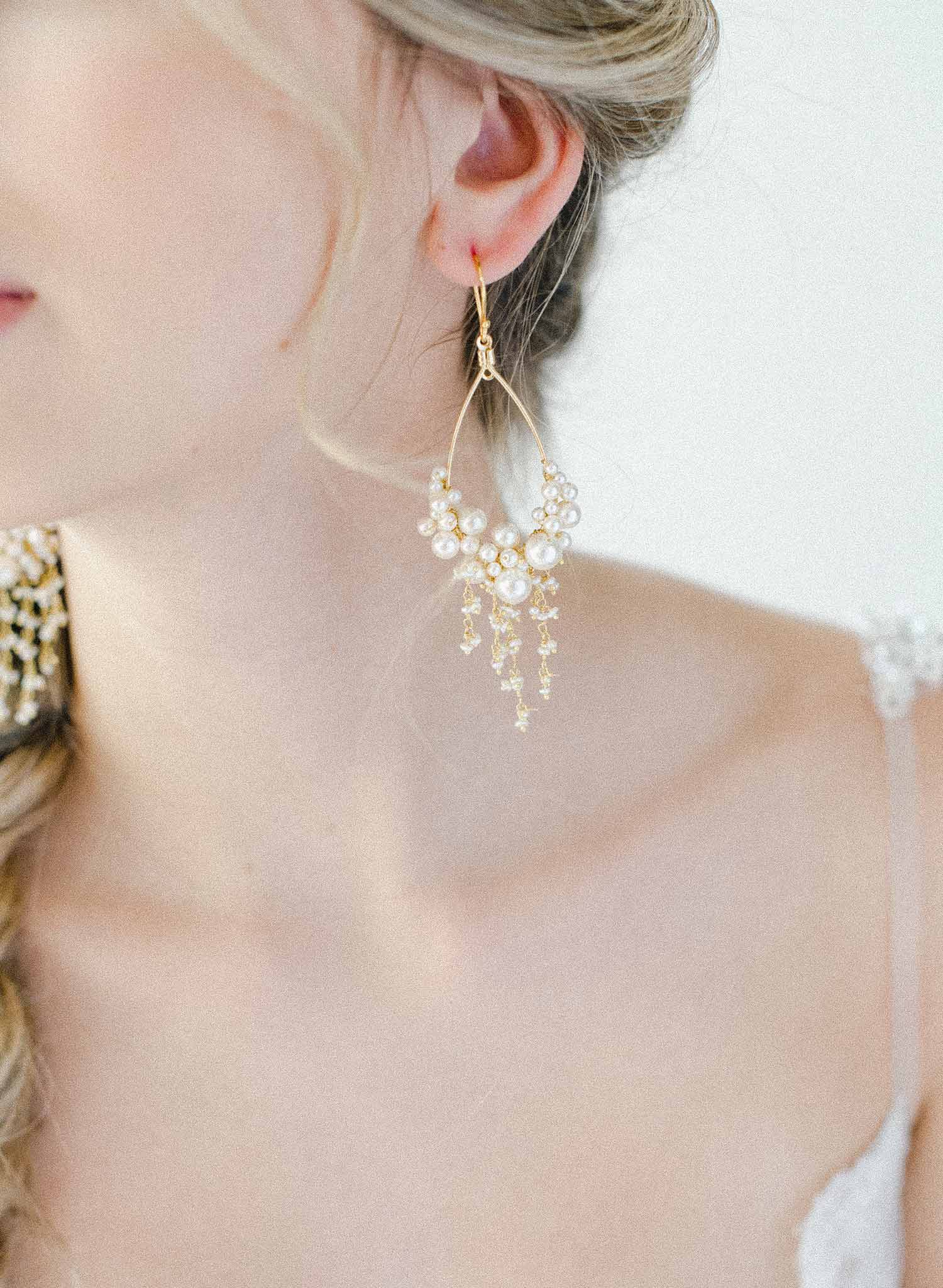 pearl chandelier earrings, gold, handmade, jewelry, twigs and honey