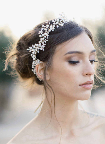 Twigs & Honey Wedding Headpiece, Pearl Extra Long Hair Vine - Statement Pearl Clusters Extra Long Hair Vine - Style #2344 Brass