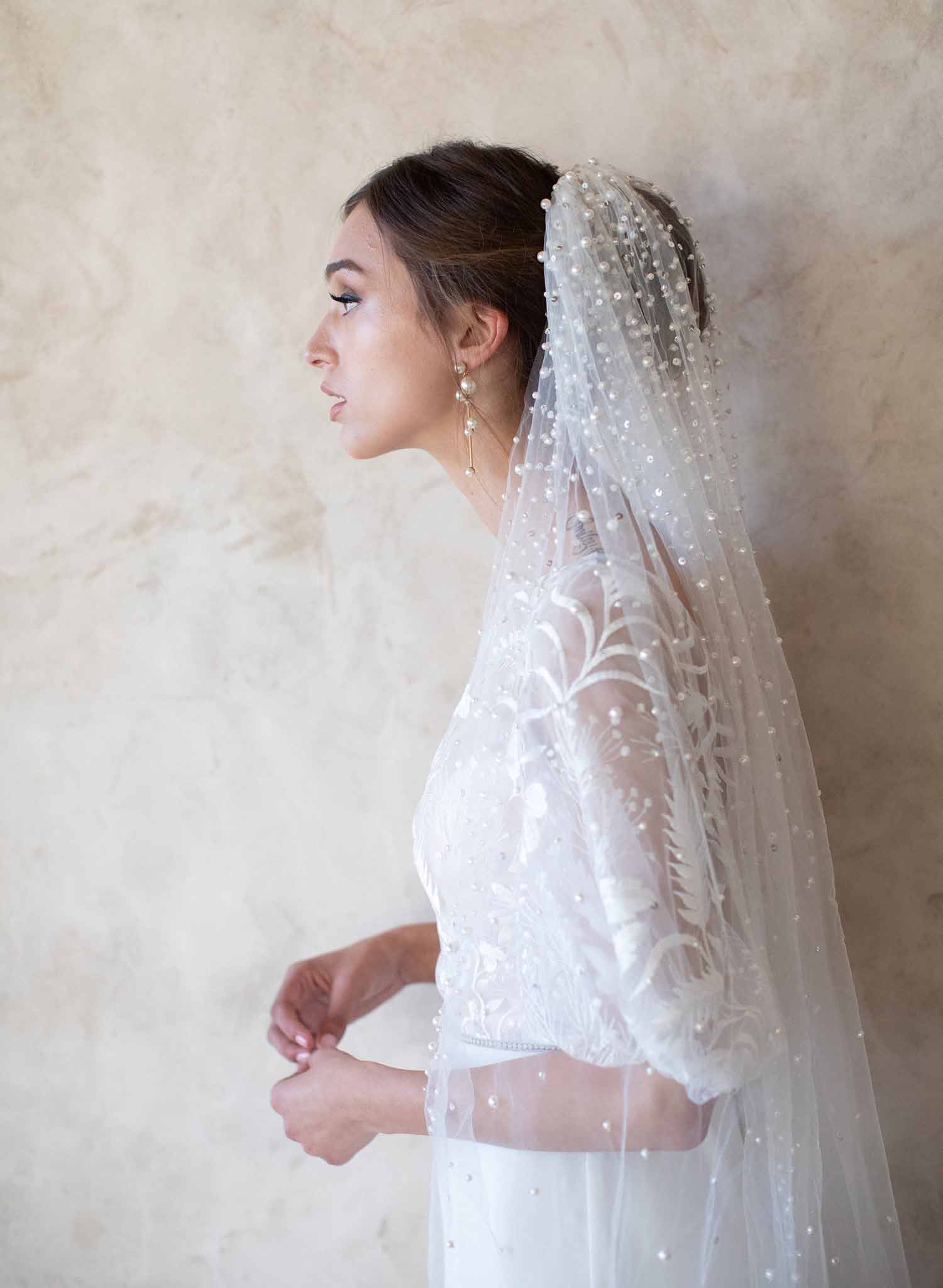 Pearl bridal veil, wedding veil - Pearl showers bridal train veil