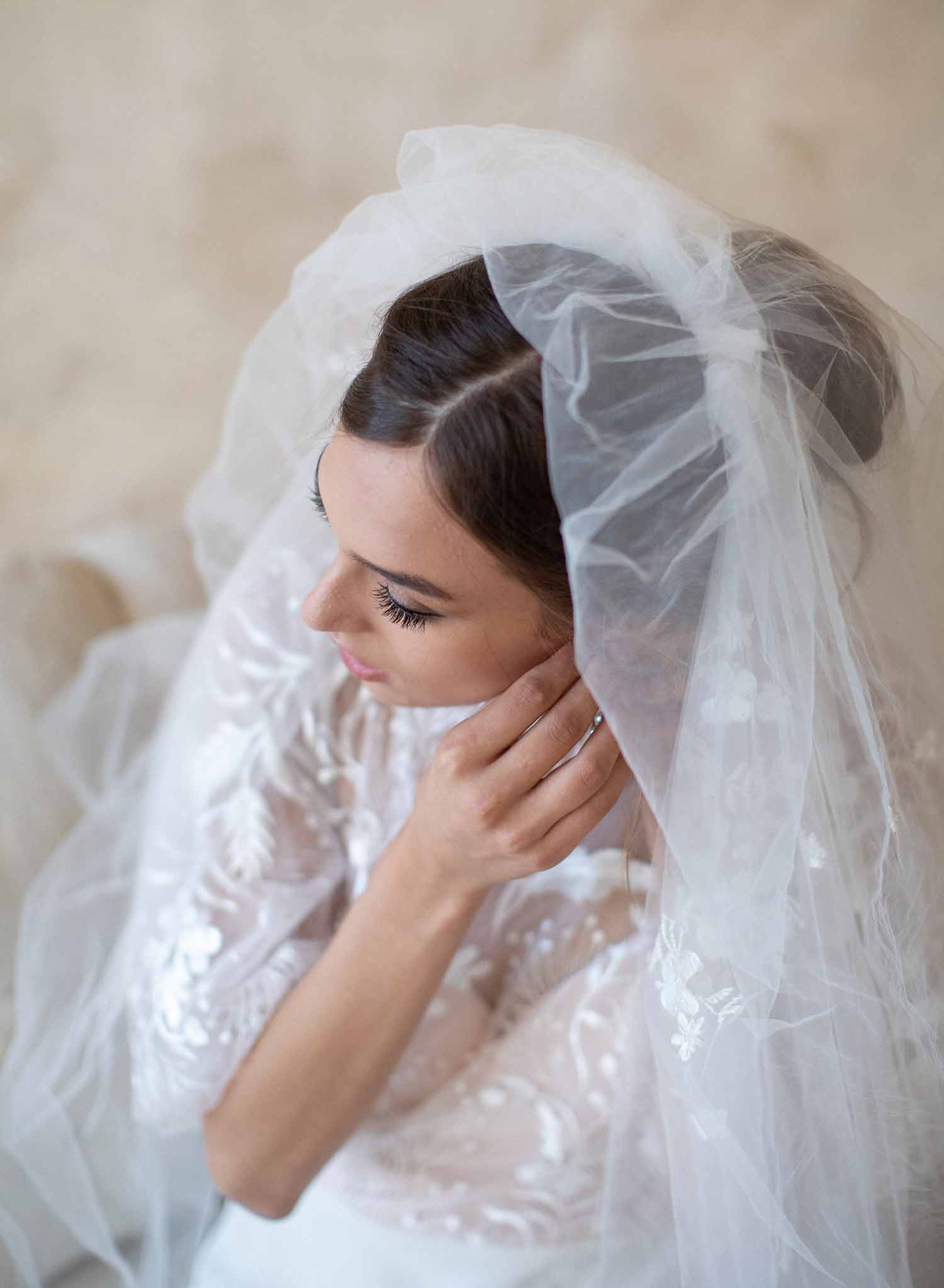 Twigs & Honey Short Bridal Tulle Veil with Beads and A Blusher - Sequin and Bead Embroidered Short Veil with Blusher - Style #2362