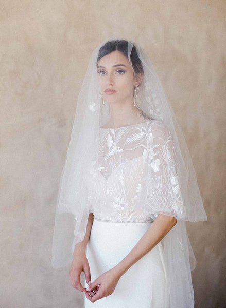 Twigs & Honey Short Bridal Tulle Veil with Beads and A Blusher - Sequin and Bead Embroidered Short Veil with Blusher - Style #2362