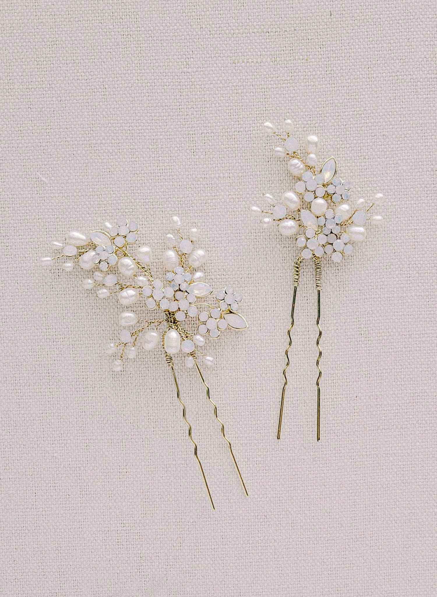 bridal crystal baby's breath hair pins, pearls by twigs and honey