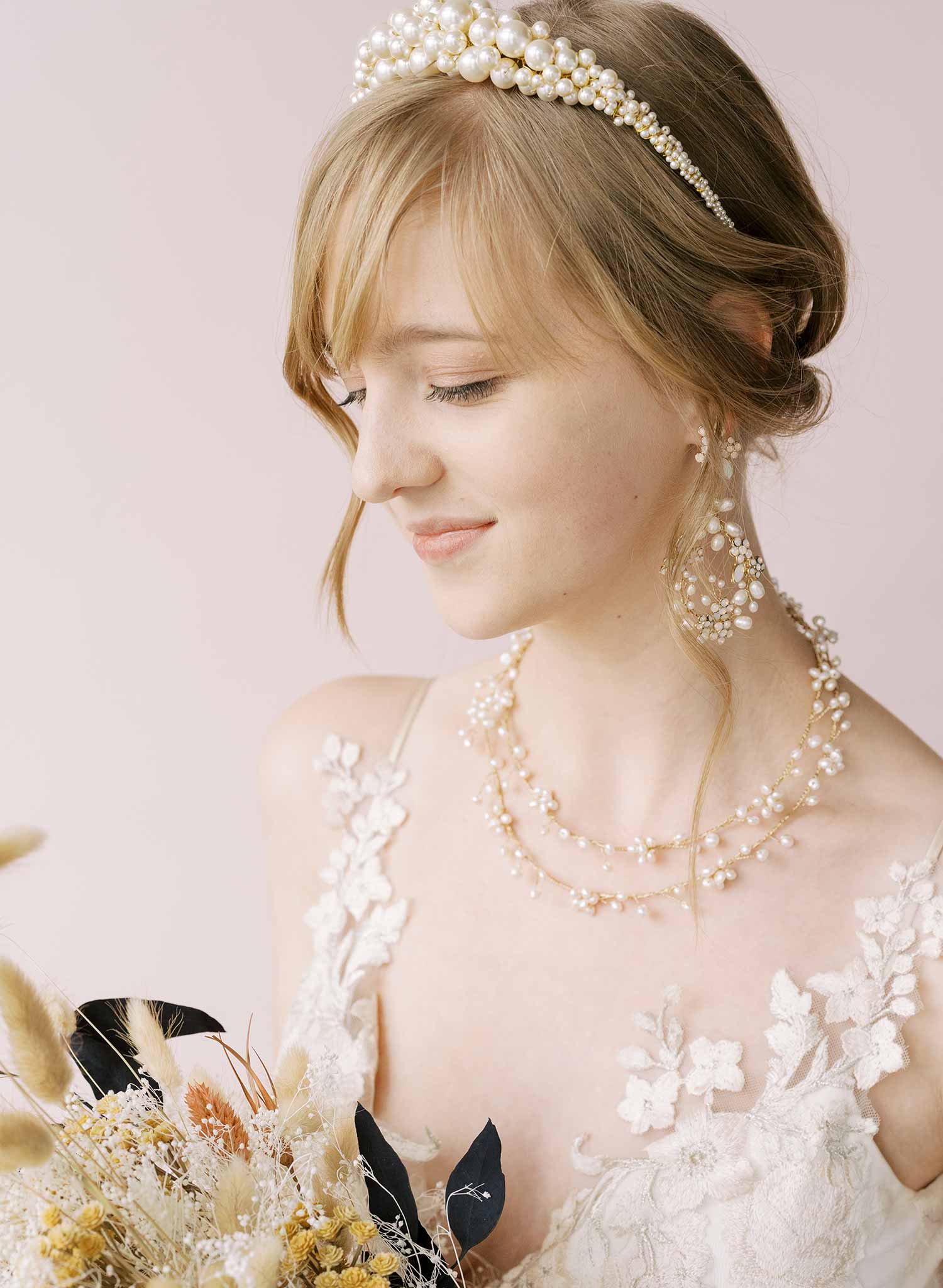 Twigs & Honey BHLDN Vineyard Halo Wedding Pearl Rhinestone Ribbon Gold deals Plated