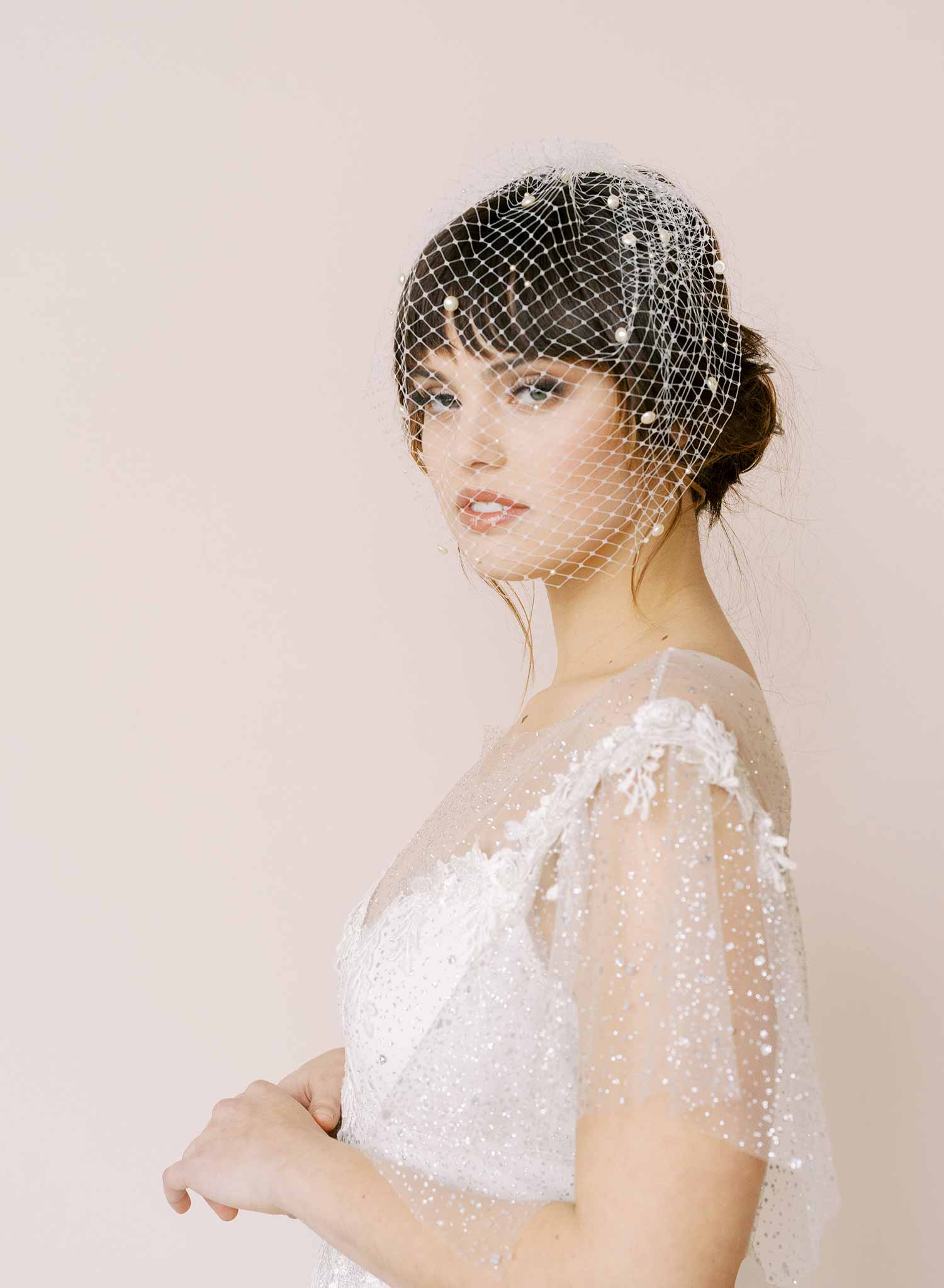 Wedding birdcage veil, wedding bird cage veil with pearls, cheapest ivory or white tulle veil - JOLICOEUR - bridal hairpiece, small bridal birdcage