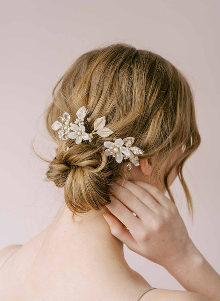 Twigs & Honey Bridal Handmade Flower Hair Pins - Hand Sculpted Simple Blossom Hair Pin Set of 5 - Style #2153