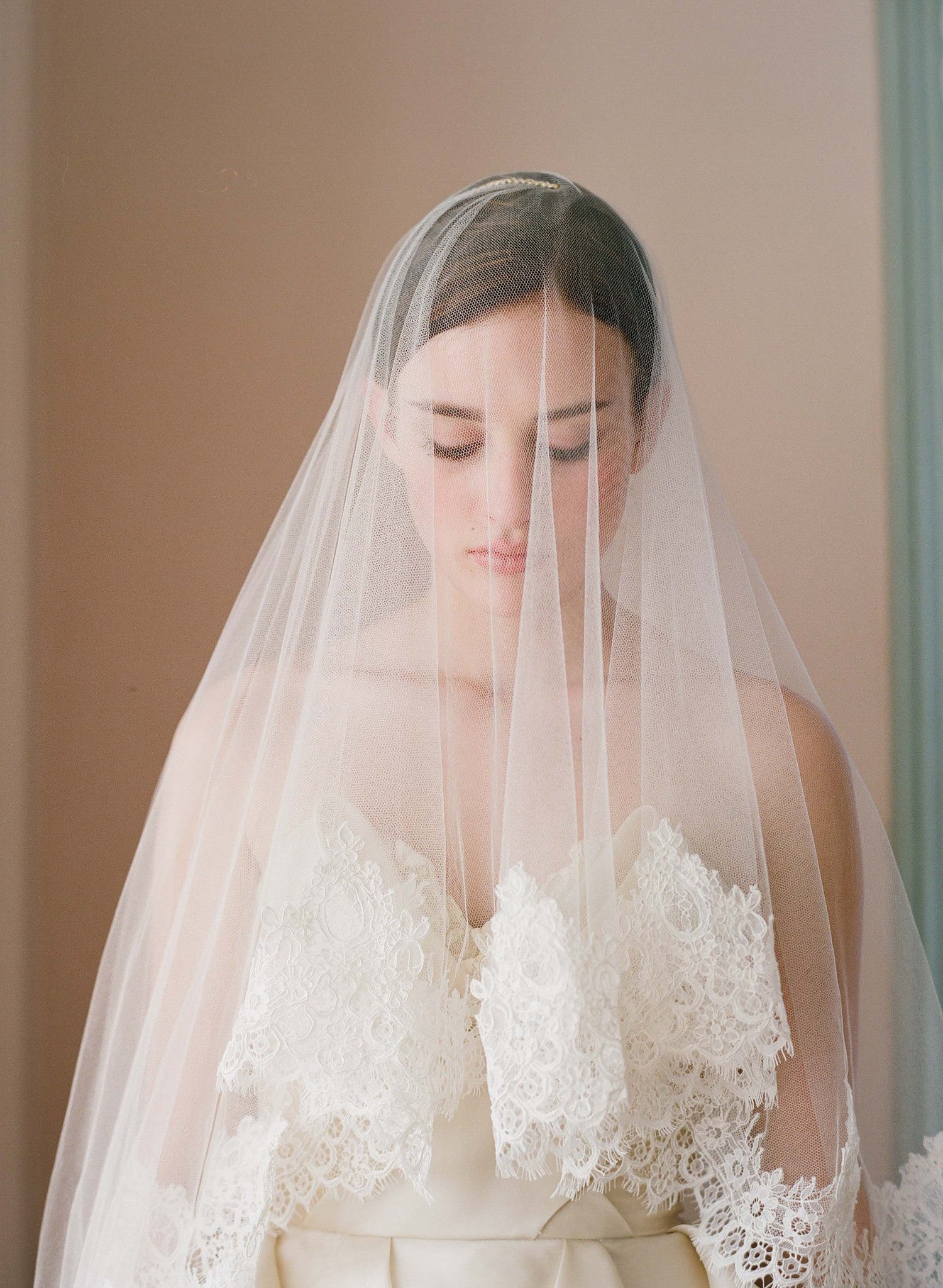 lace trim silk tulle veil, blusher, fingertip veil, wedding veil, bridal veil