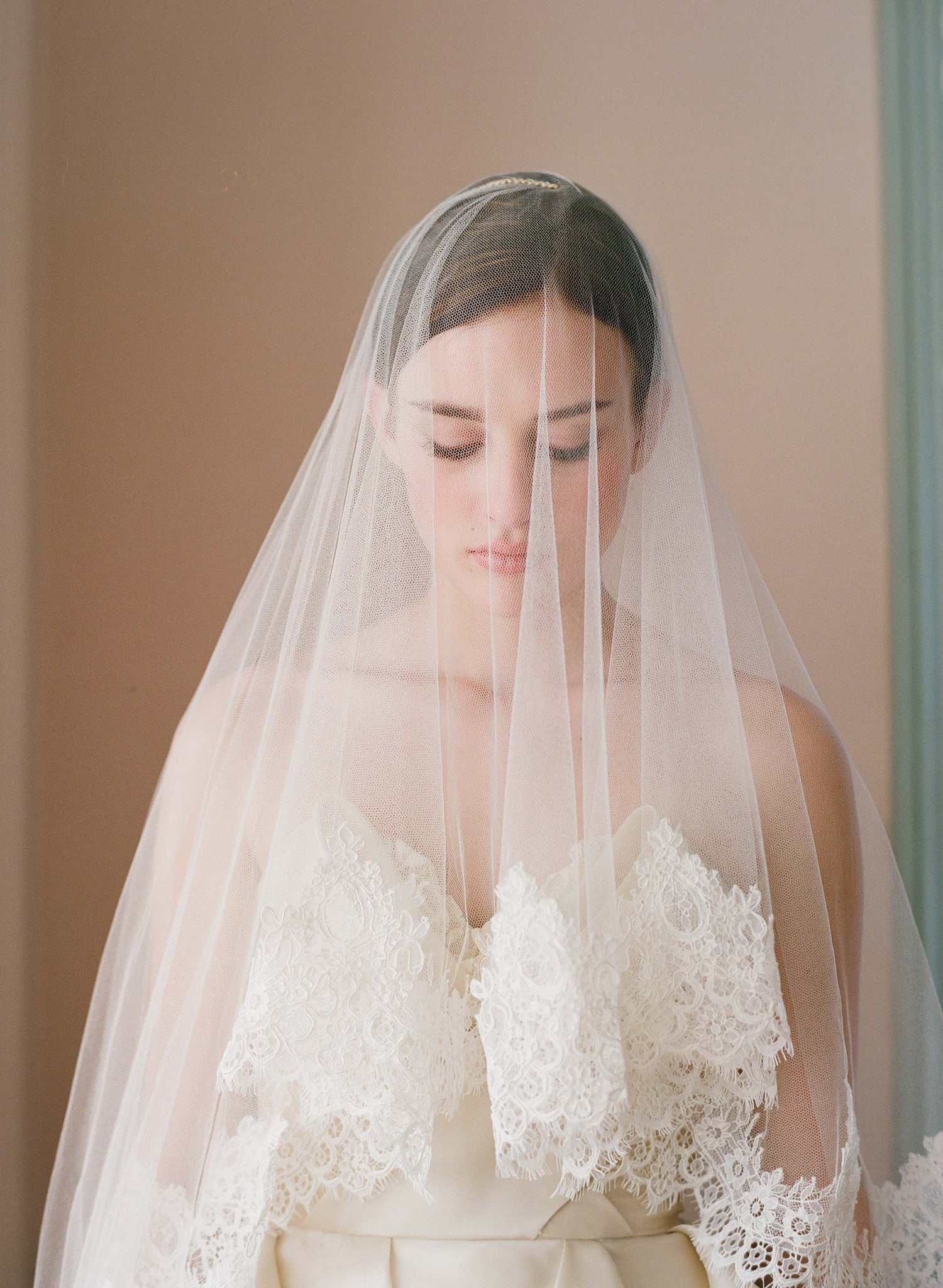 CATHEDRAL ALENCON LACE VEIL IN TWO TIER WITH BLUSHER, TWO LAYERS