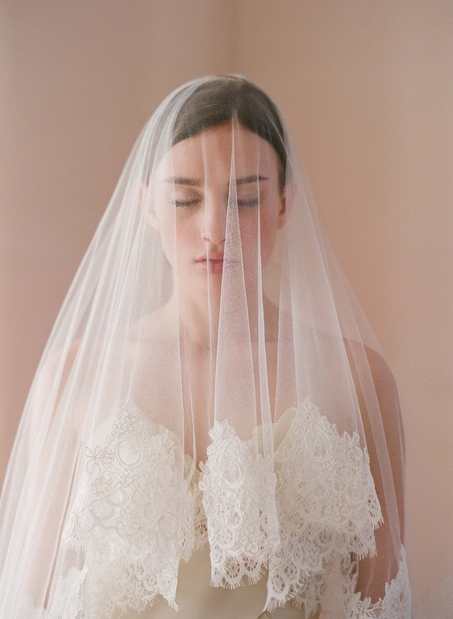 CATHEDRAL ALENCON LACE VEIL IN TWO TIER WITH BLUSHER, TWO LAYERS