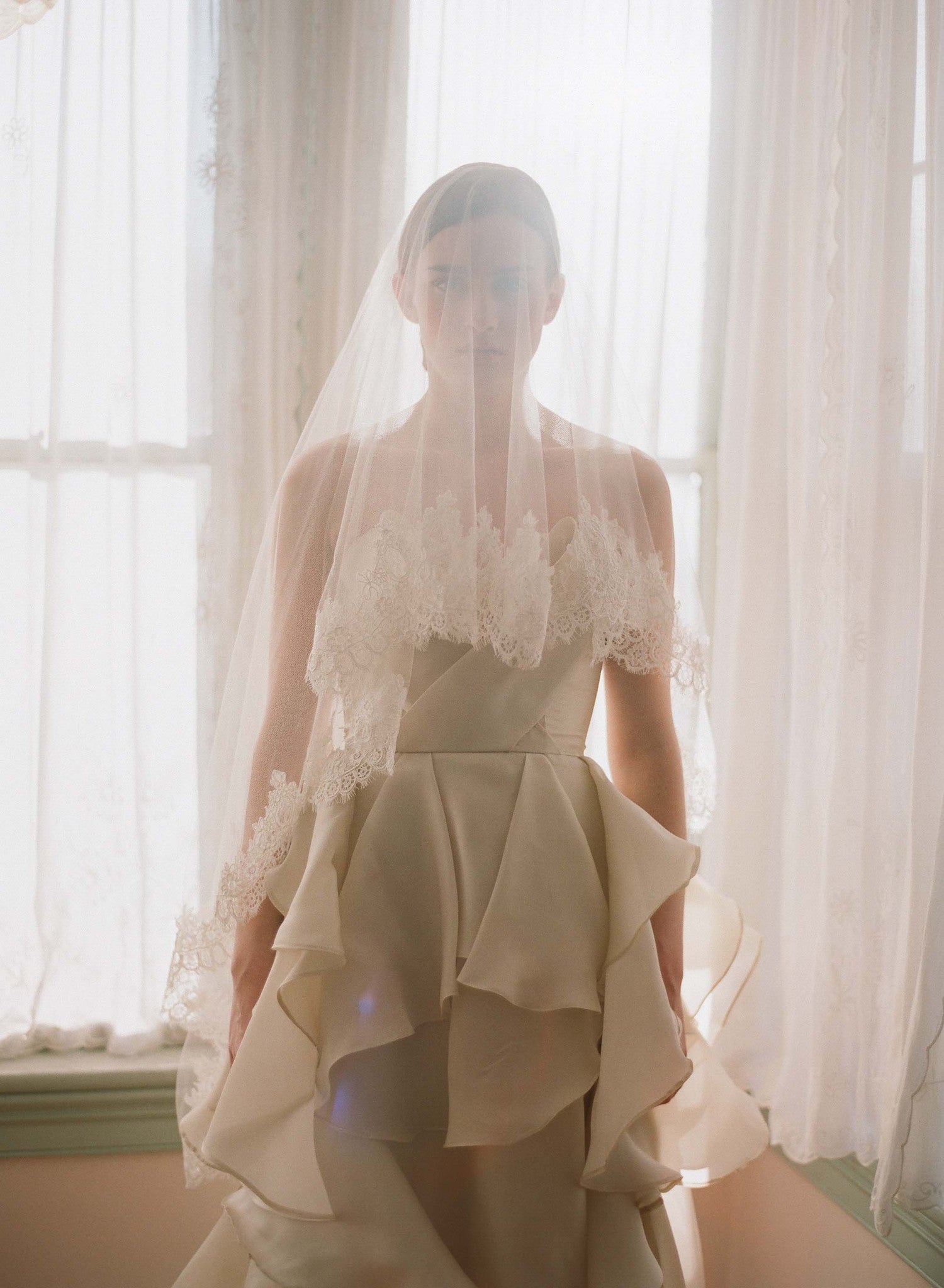 Two Tier Silk Style Wedding Veil With French Eyelash Lace Trim