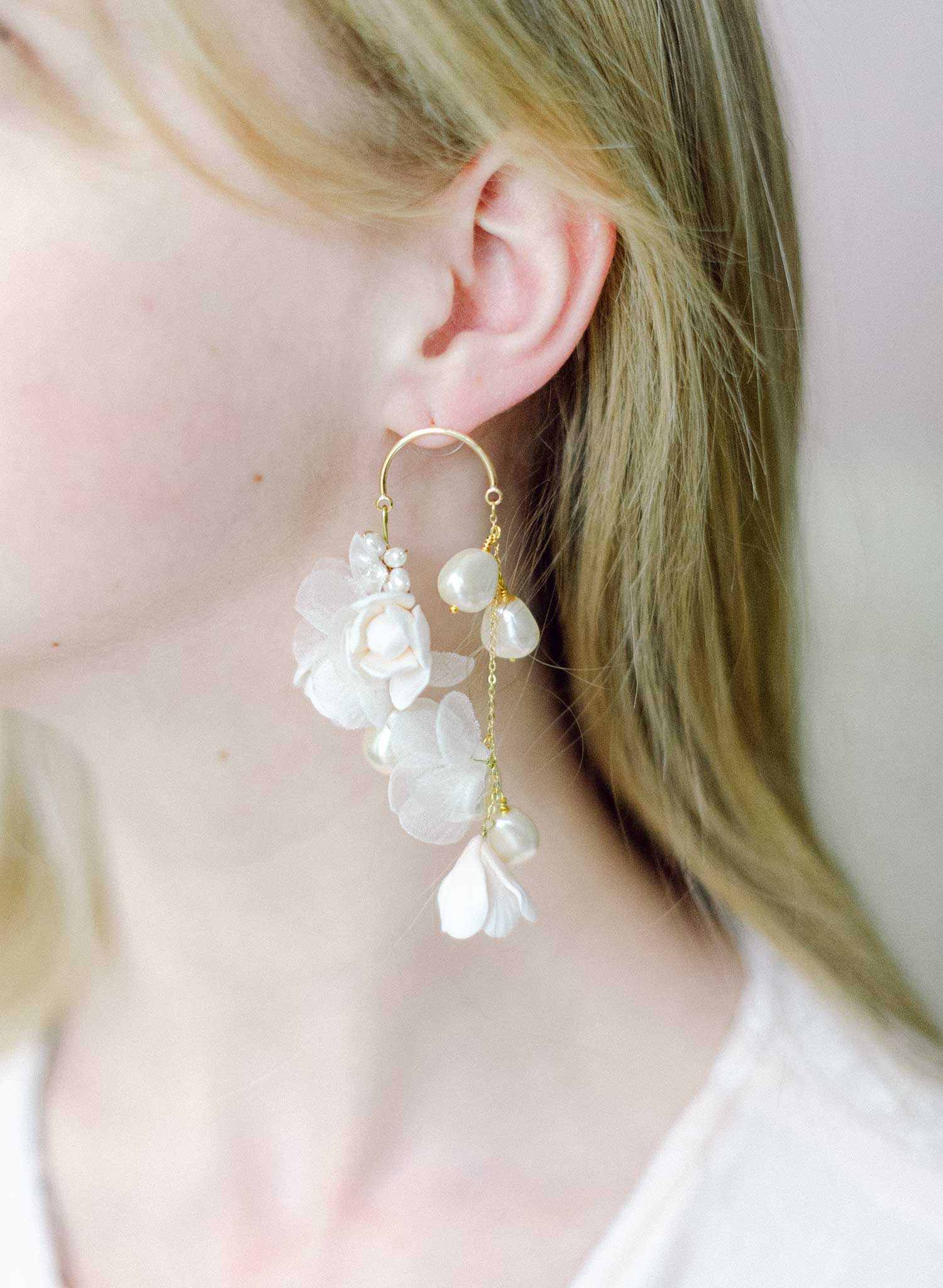 Bridal Earrings - Clay Flower, outlet 14k Gold, Freshwater Pearl, Crystal & Silk. The Gertie - Made to Order.