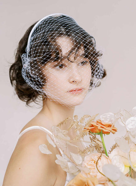 Real Silk Bow Birdcage Veil Headband With Vintage Flower Centre 