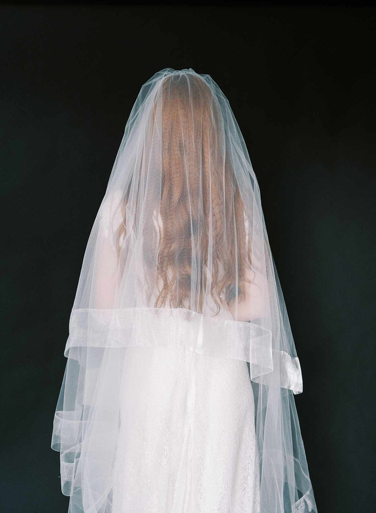 One Blushing Bride Drop Cathedral Wedding Veil with Horsehair Ribbon & Blusher White / Cathedral 108 inch