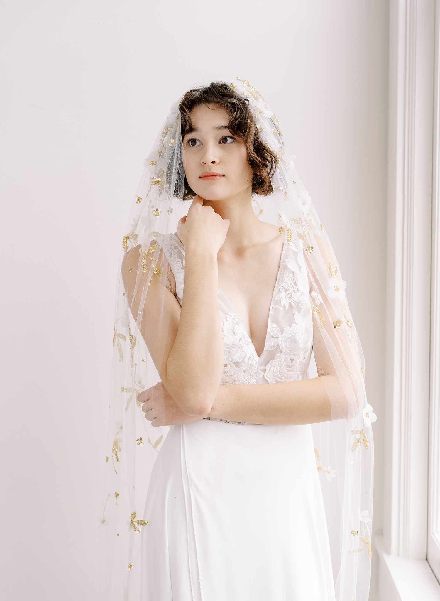 Two Tier Trellis & Blossom Floral Gold Veil - Veils - The White