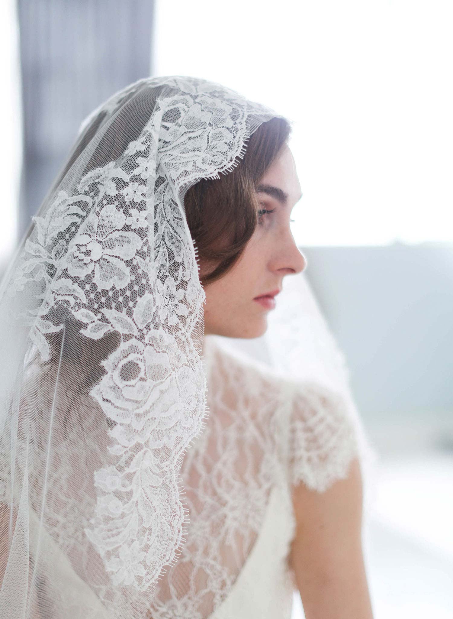One Layer Fingertip Length Mantilla Bridal Veil with Silver Lace Edge &  Crystals - Mariell Bridal Jewelry & Wedding Accessories