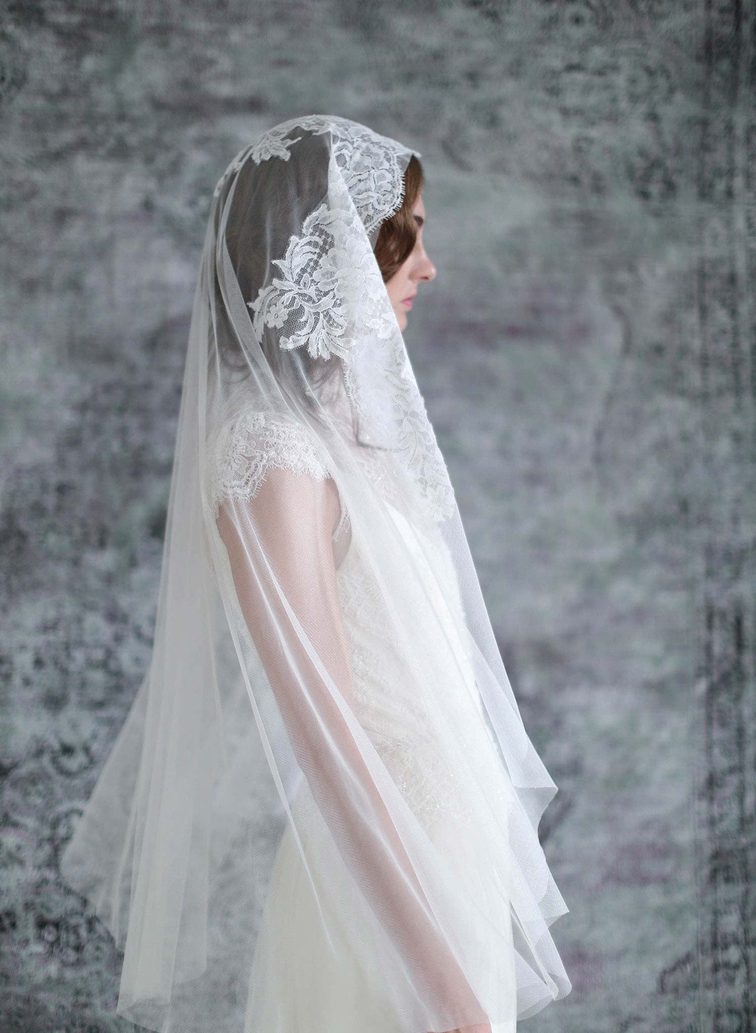 Twigs & Honey Silk Tulle Alencon Lace Trim Veil - Style #222 108 Train and 26 Blusher