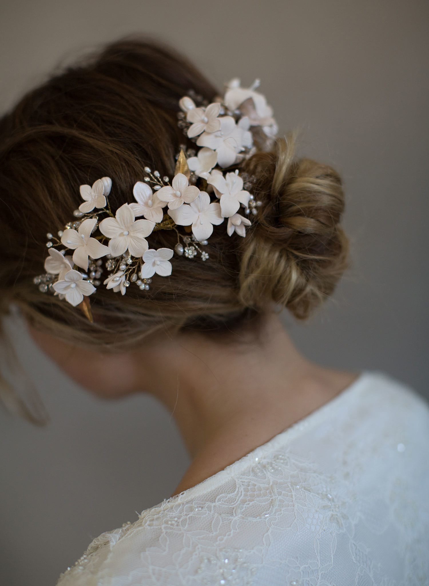 floral bridal headpiece, handmade, clay flowers, bridal hair accessory, nature inspired, twigs and honey