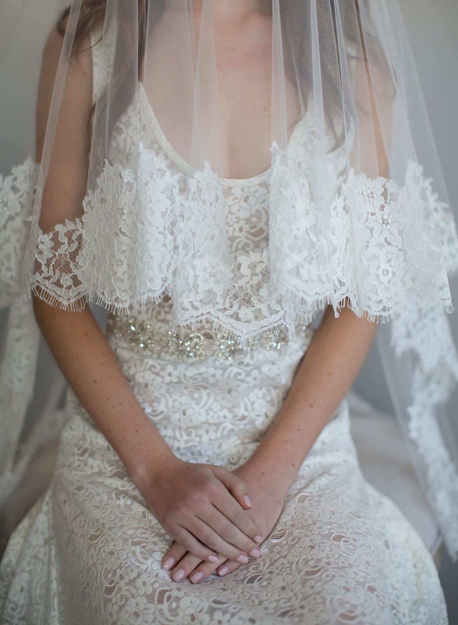 Twigs & Honey Bridal Veil - French Lace Simple Veil with Blusher - Style #787 Cathedral