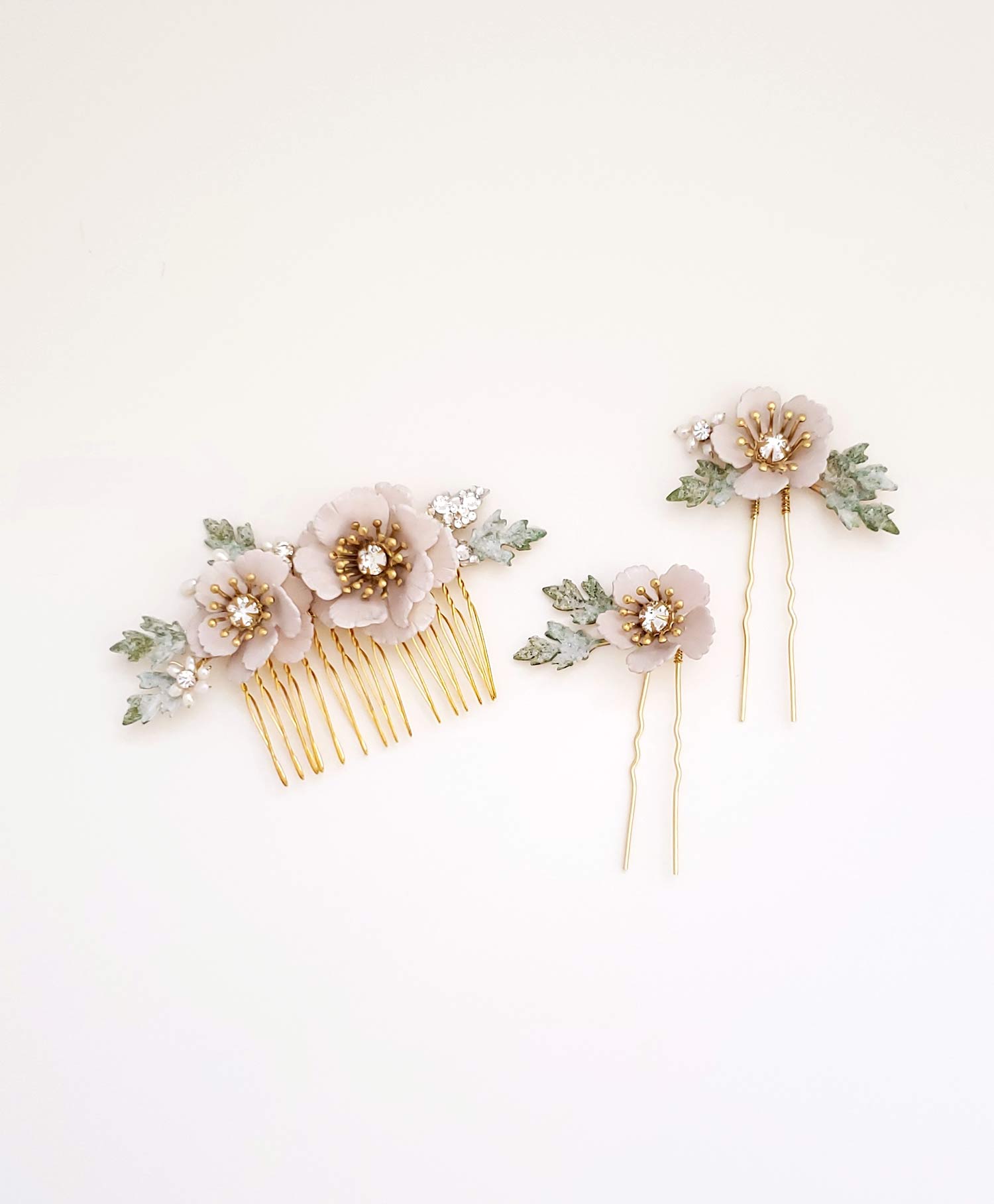 Blushing floral garden comb and pin set of 3 - Style #934