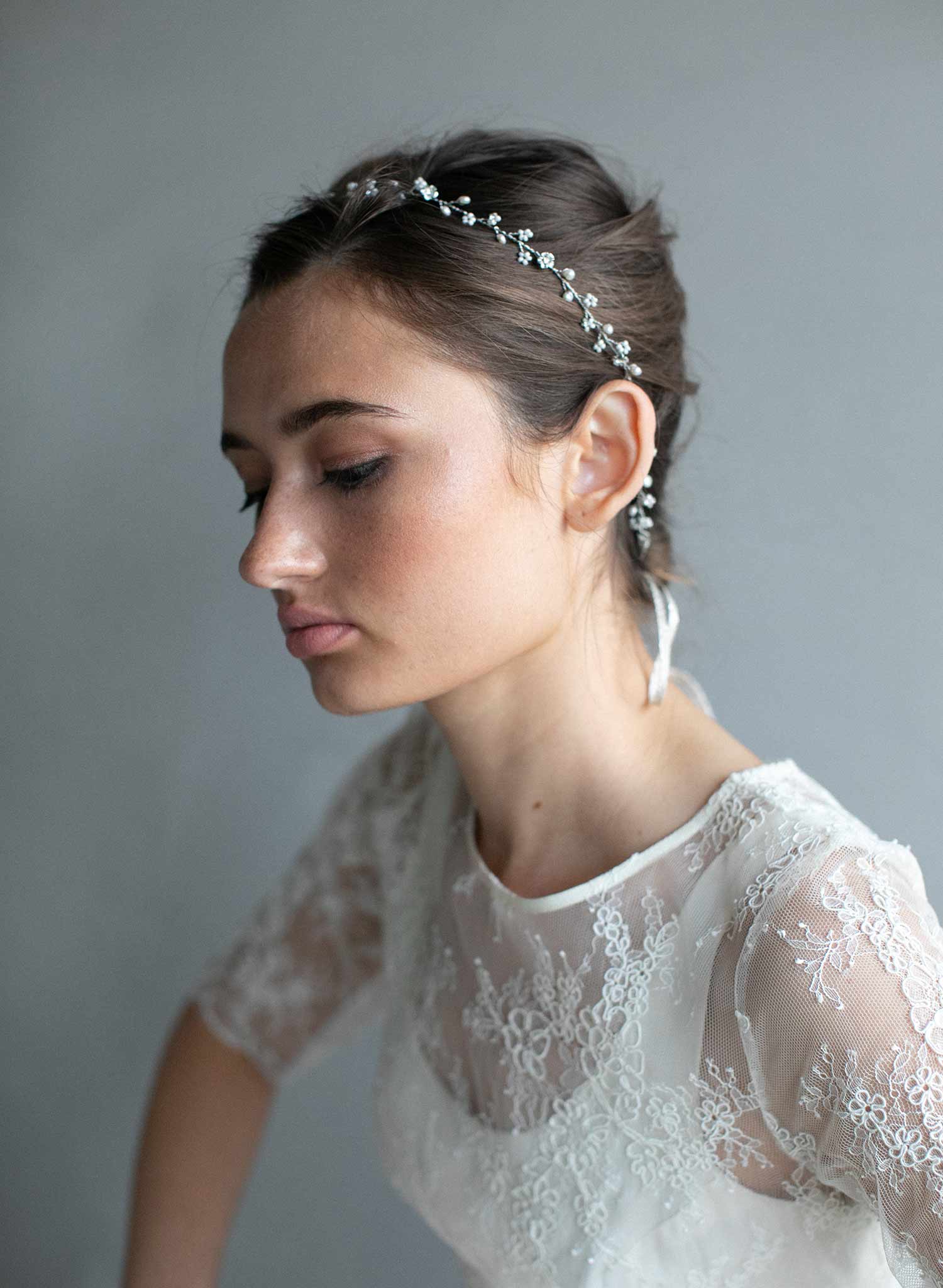 Twigs & Honey Wedding Headpiece, Pearl Extra Long Hair Vine - Statement Pearl Clusters Extra Long Hair Vine - Style #2344 Brass