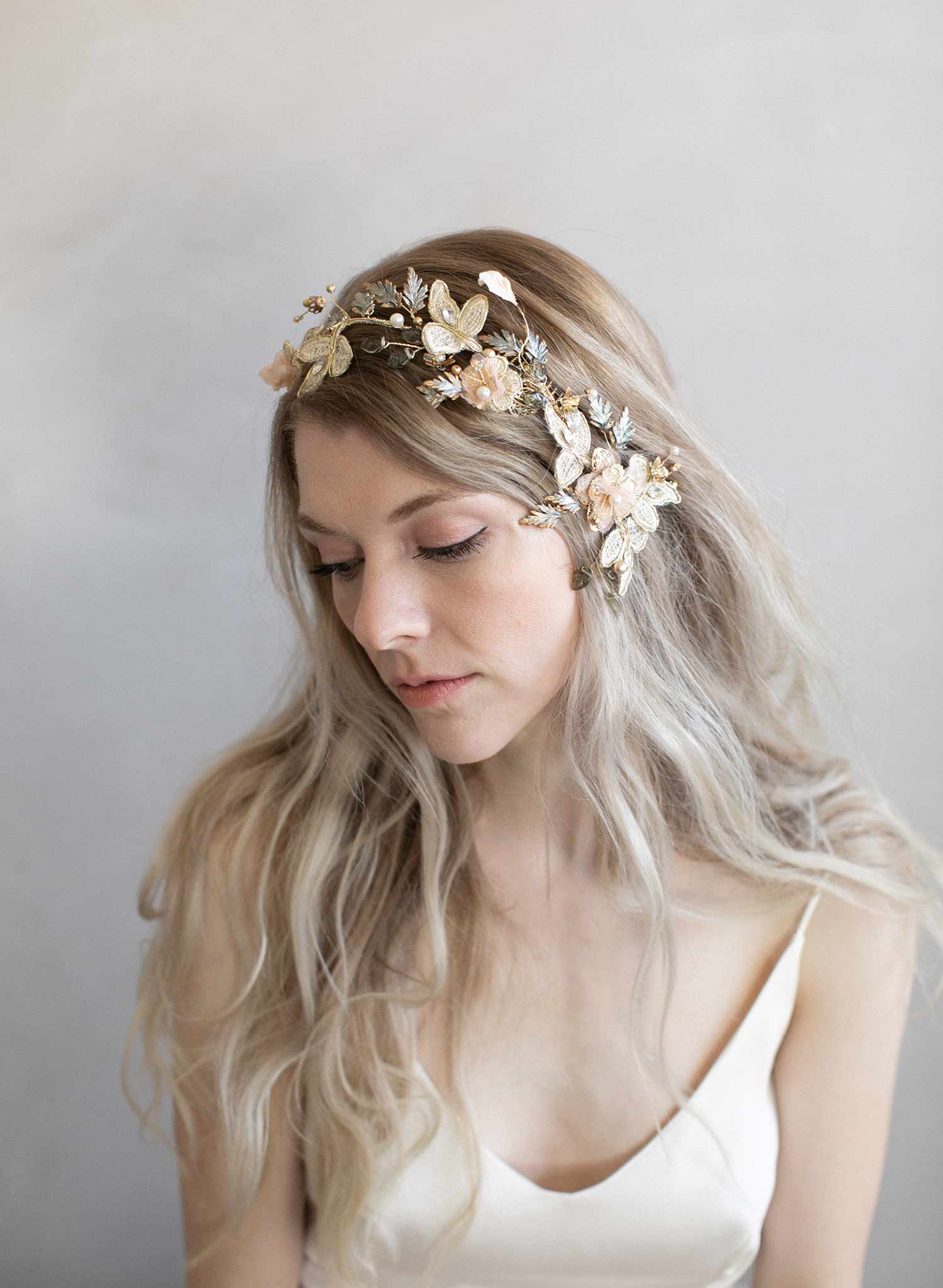 Ivory and champagne bridal hair store comb, Pistils and leaves back headpiece