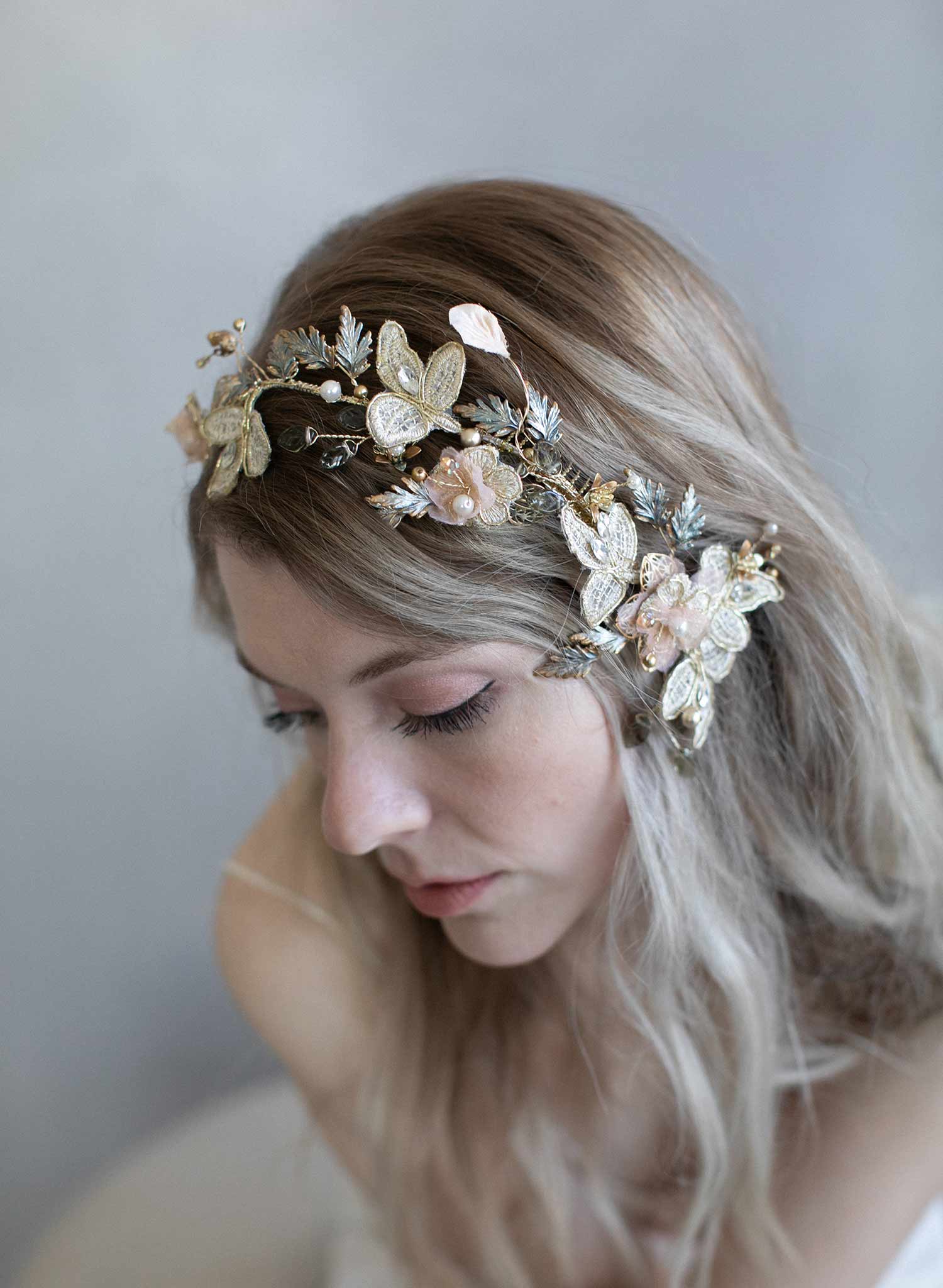 bridal hair comb, grey and blush bridal, bridal headpiece, headpiece, gold bridal hair accessory, wedding hair comb, twigs and honey