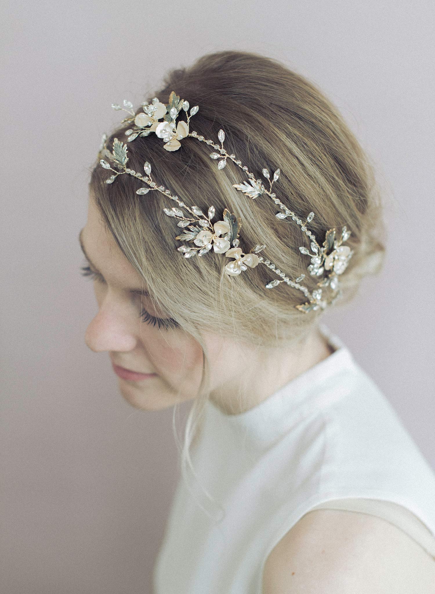 Twigs & Honey Wedding Headpiece, Pearl Extra Long Hair Vine - Statement Pearl Clusters Extra Long Hair Vine - Style #2344 Brass