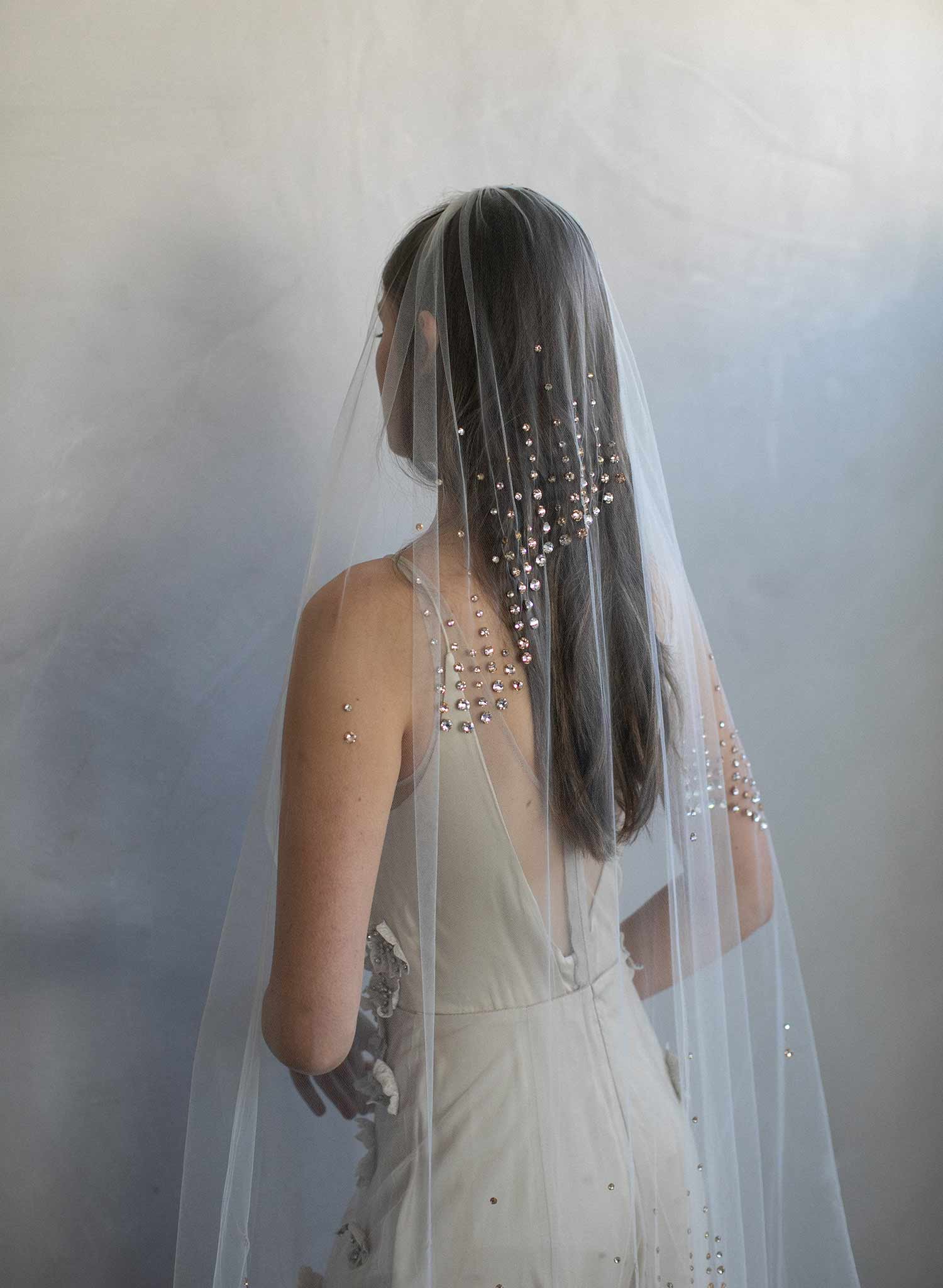 Crystal Chapel Wedding Veil by Twigs and Honey - Crystal Confetti Train Bridal Veil - Style #2062