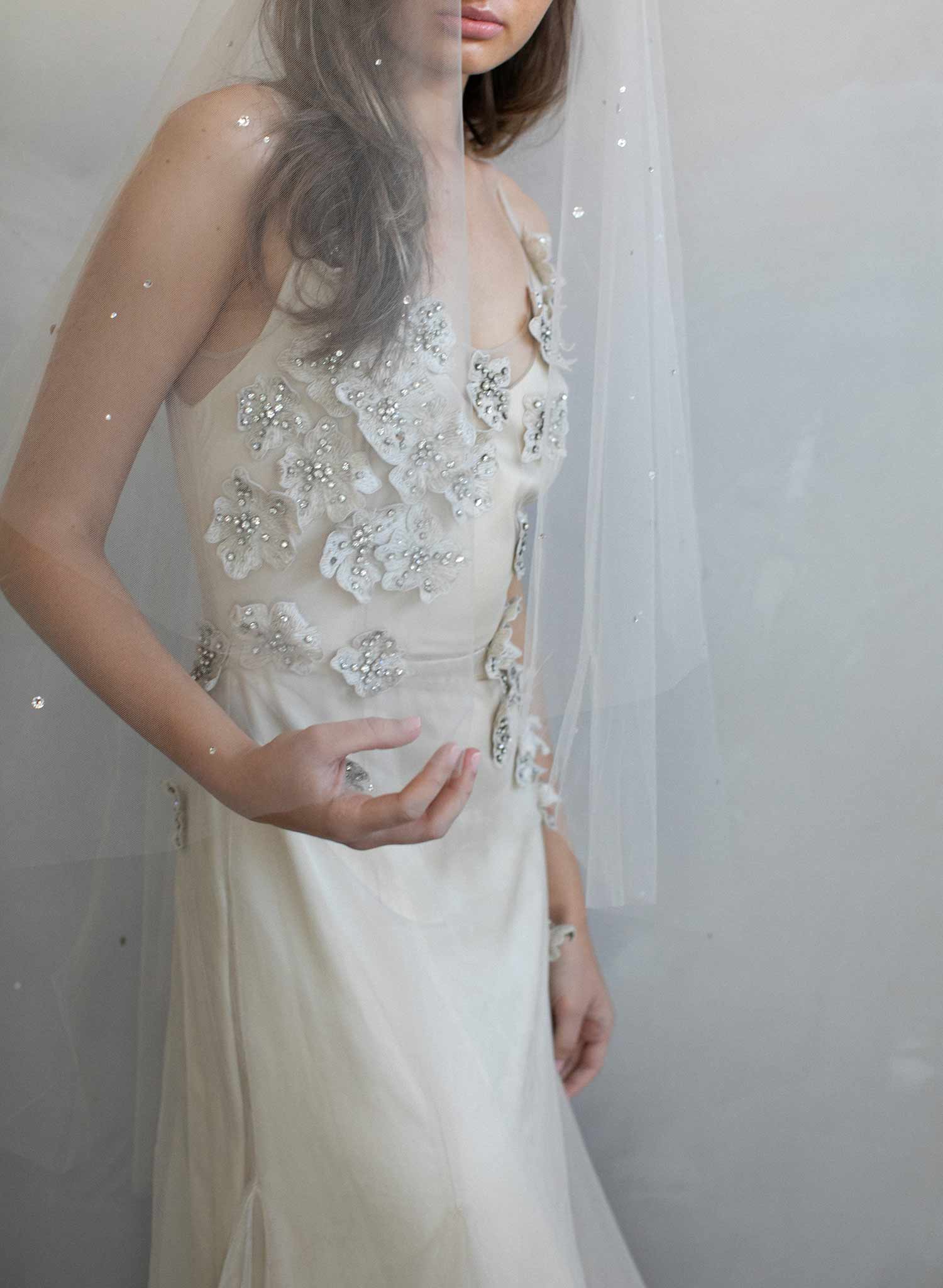 Super Sheer Bridal Veil - Fingertip Length with scattered deals rhinestones