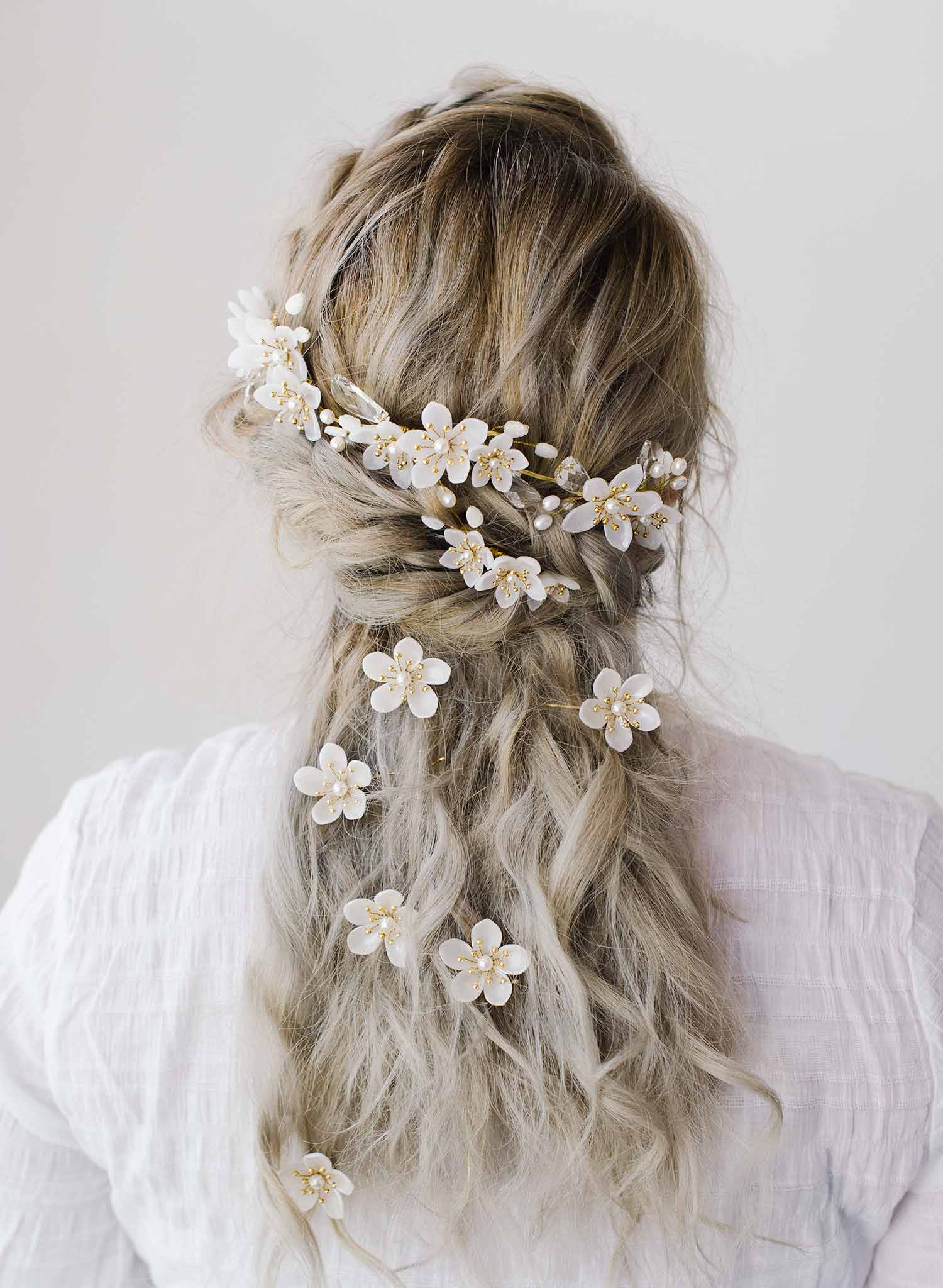 Bridal Hairpin Set by Twigs & Honey, Wedding Accessories - Pearlescent Flowers Bridal Hair Pin Set of 3 - Style #2077